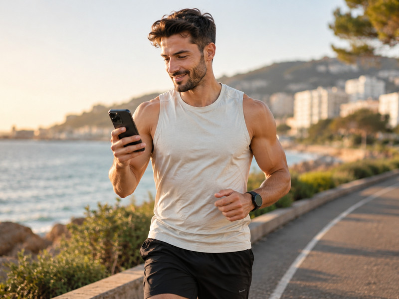 Man running along the seafront and checking his phone