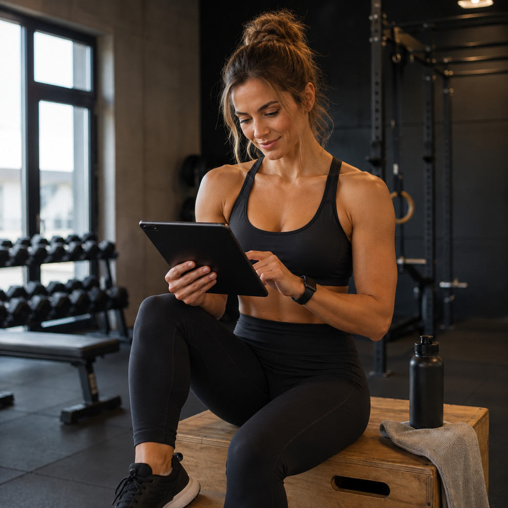 Woman logging her day on a tablet at the gym