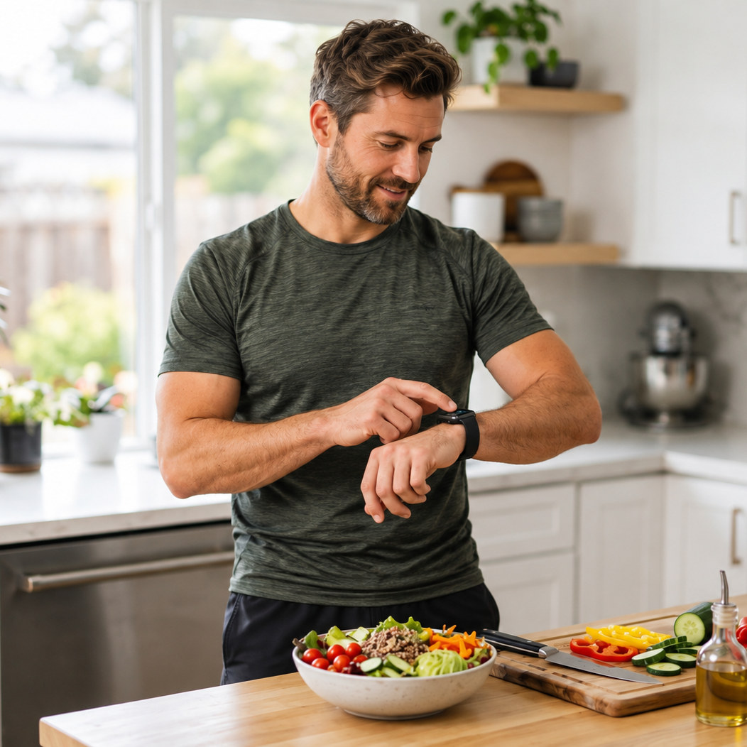 Man checking his activity at the kitchen counter
